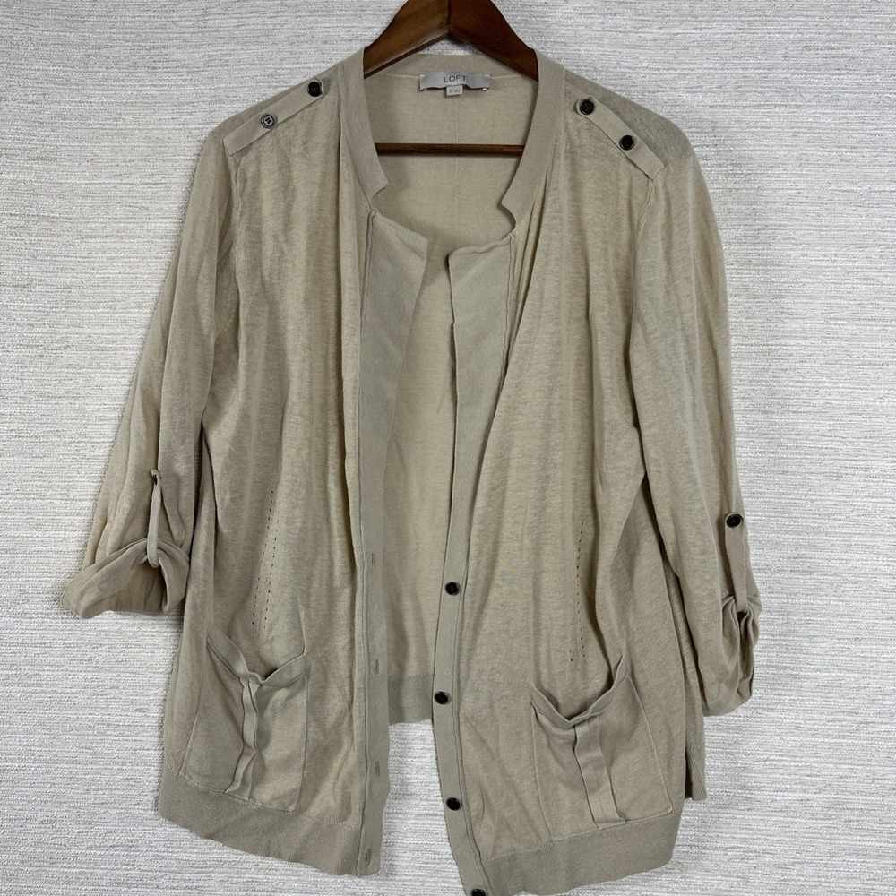 LOFT Linen Blend Cardigan XL Beige Button Front Lightweight Roll Tab Sleeve Soft